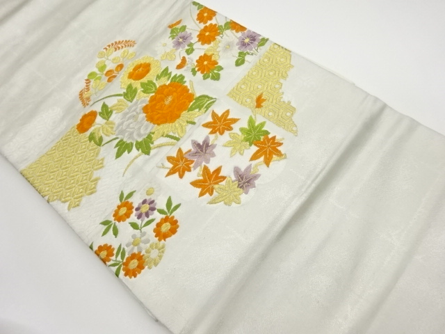 リサイクル　格子に草花・古典柄模様織出し名古屋帯